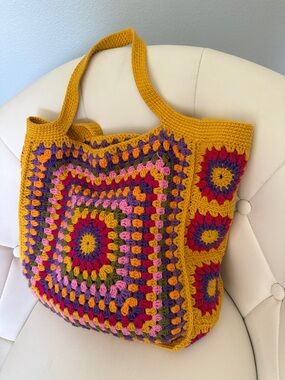 Granny Handmade Knitting Crochet Tote Bag - Mustard Multicolor